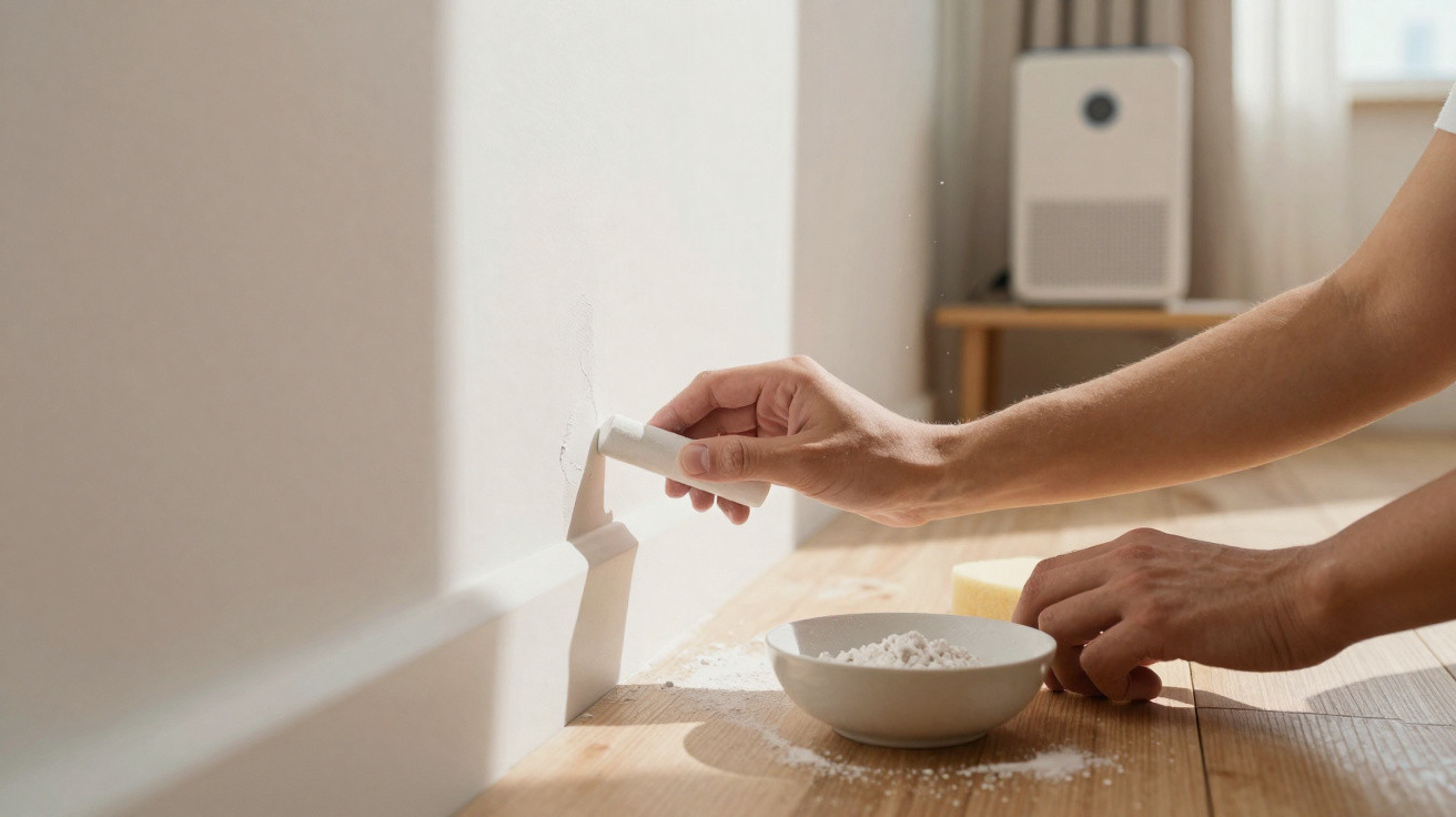 Hands applying white putty to a cracked wall baseboard with a bowl of filler on wooden floor nearby.