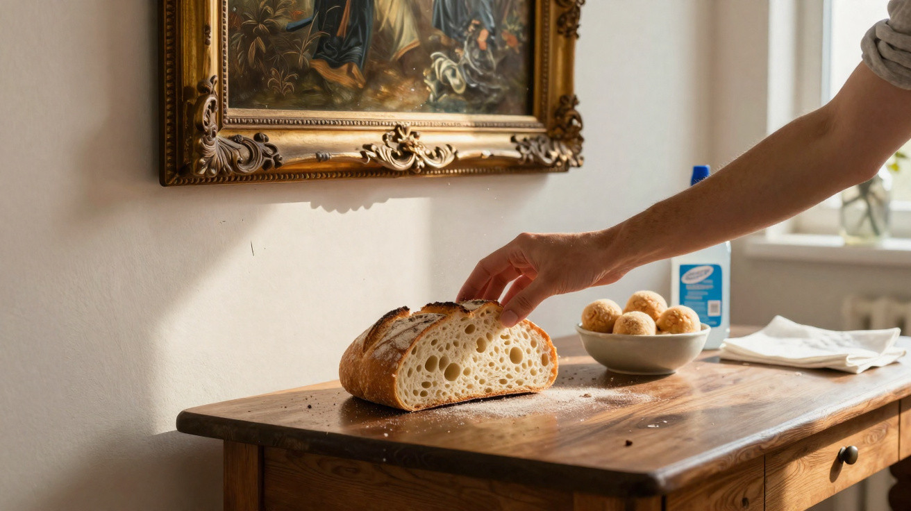 Hand reaching to pick a slice of rustic bread on a wooden table with a bowl of bread rolls and a painting on the wall.