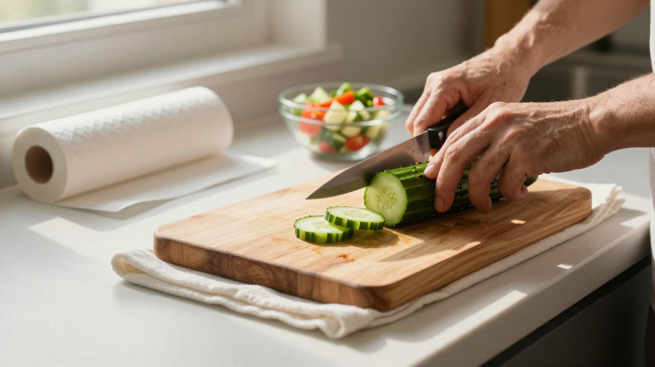 Person slicing a cucumber on a wooden cutting board in a bright kitchen.