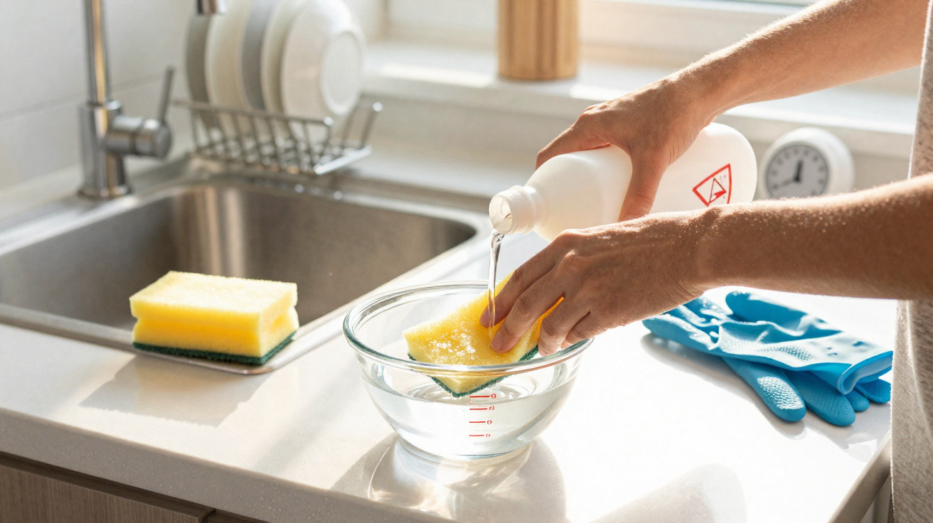 Hands pouring liquid into a yellow sponge over a glass bowl on a kitchen counter near a sink.
