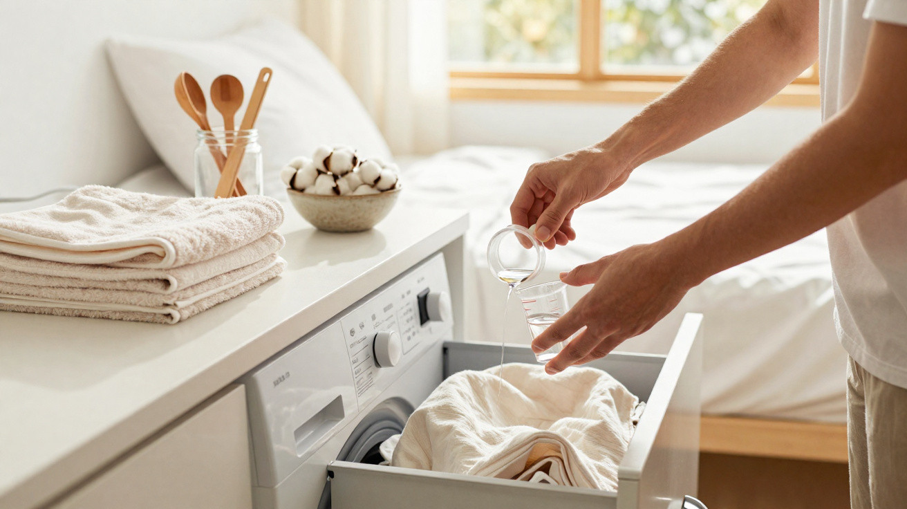 Person pouring liquid detergent into a washing machine drawer in a bright, tidy laundry room.