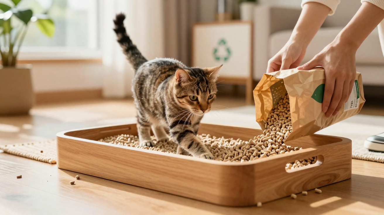 Person pouring biodegradable cat litter pellets into a wooden tray while a tabby cat steps inside.