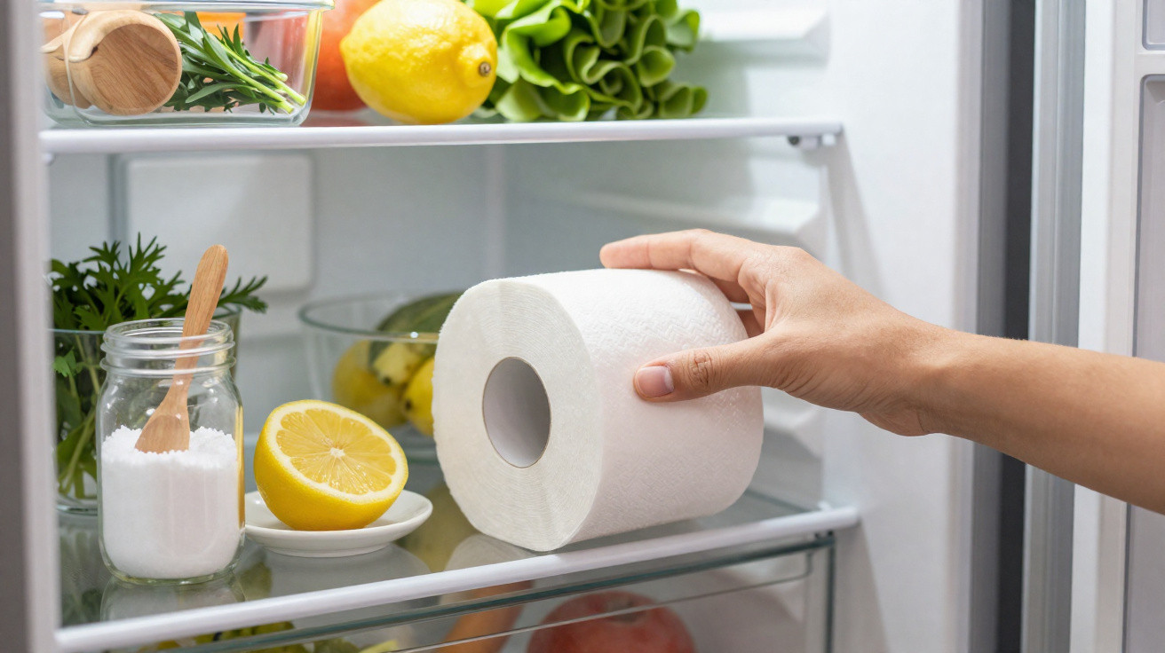 Hand placing a roll of toilet paper inside a fridge with lemons, salt, and herbs on shelves.