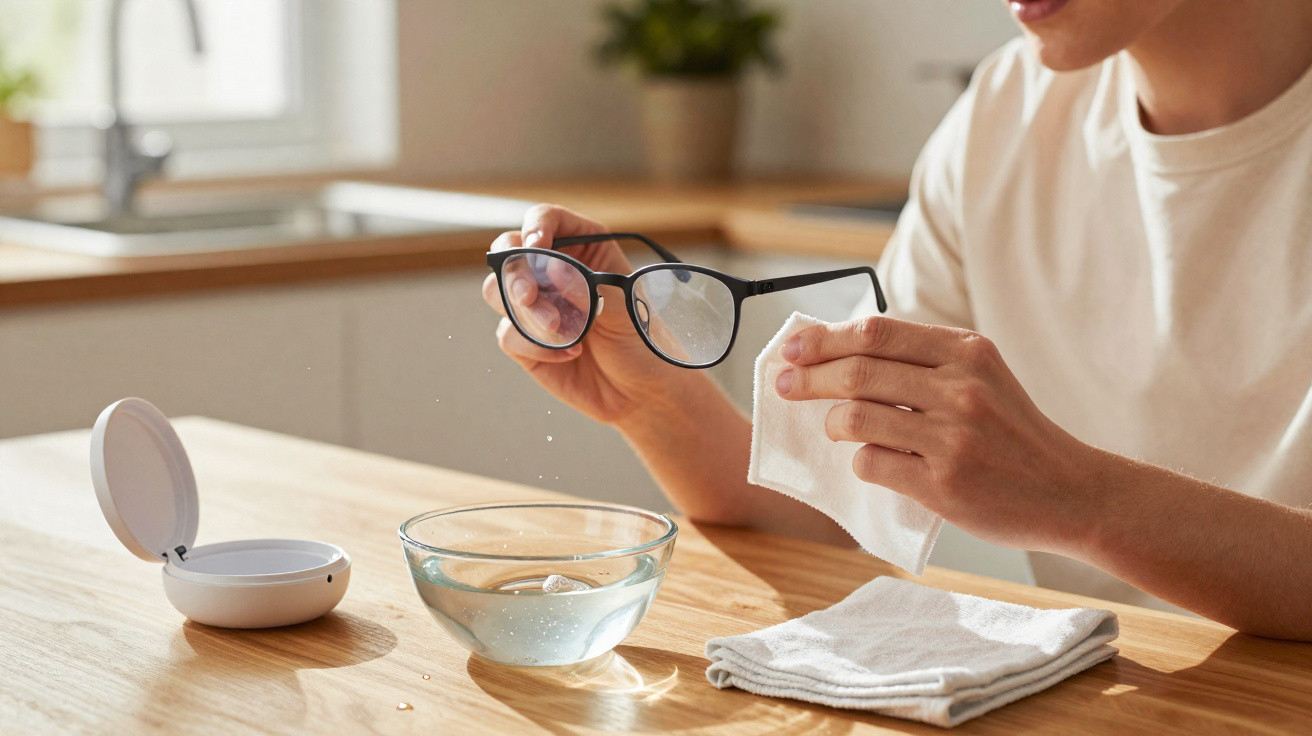 Person cleaning black-framed glasses with a cloth over a bowl of water on a wooden kitchen table.