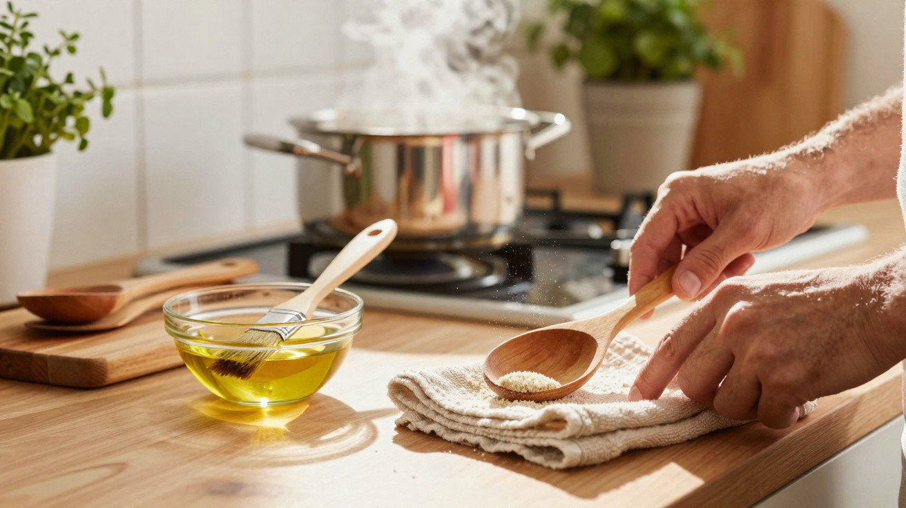 Hands sprinkling salt on a cloth in a bright kitchen with a bowl of oil and steaming pot in the background.
