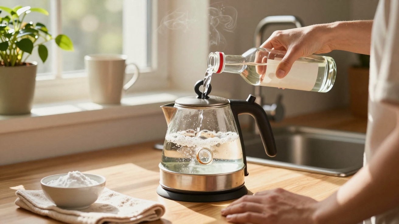 Person pouring water from a glass bottle into a glass electric kettle on a wooden kitchen counter.