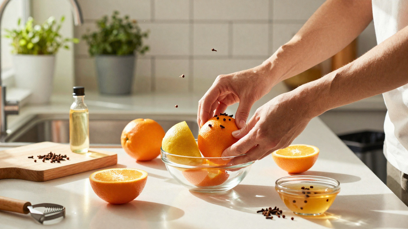 Person studding an orange with cloves over a glass bowl in a bright kitchen.