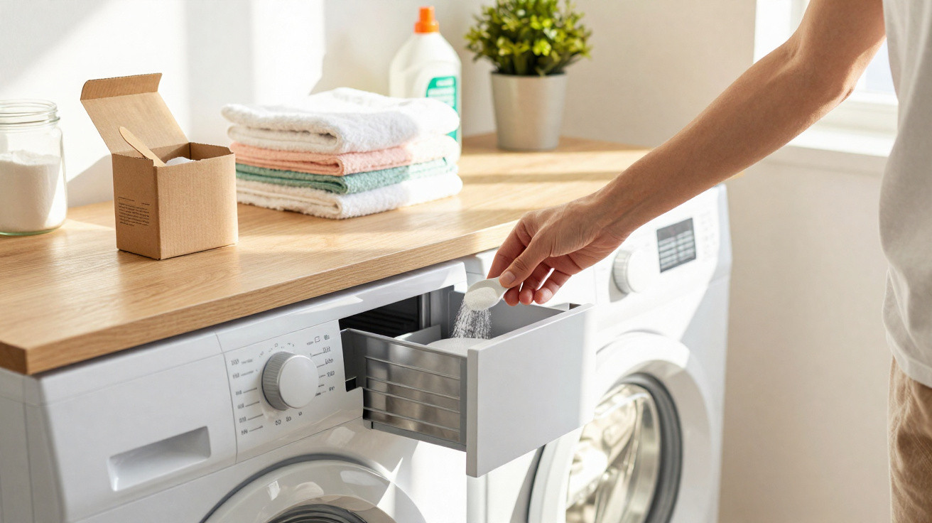 Person pouring detergent powder into a washing machine drawer in a bright laundry room.