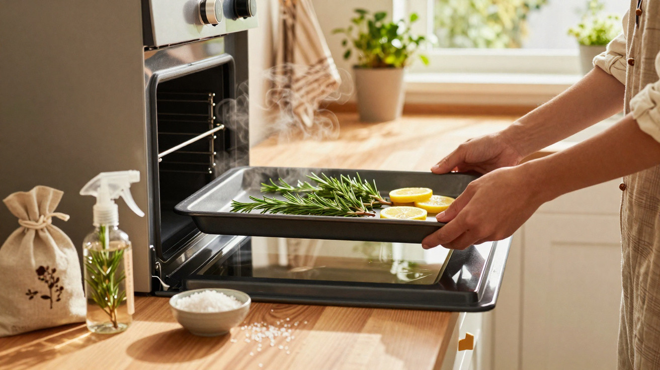 Person placing a tray with lemon slices and rosemary into a preheated oven in a sunlit kitchen.