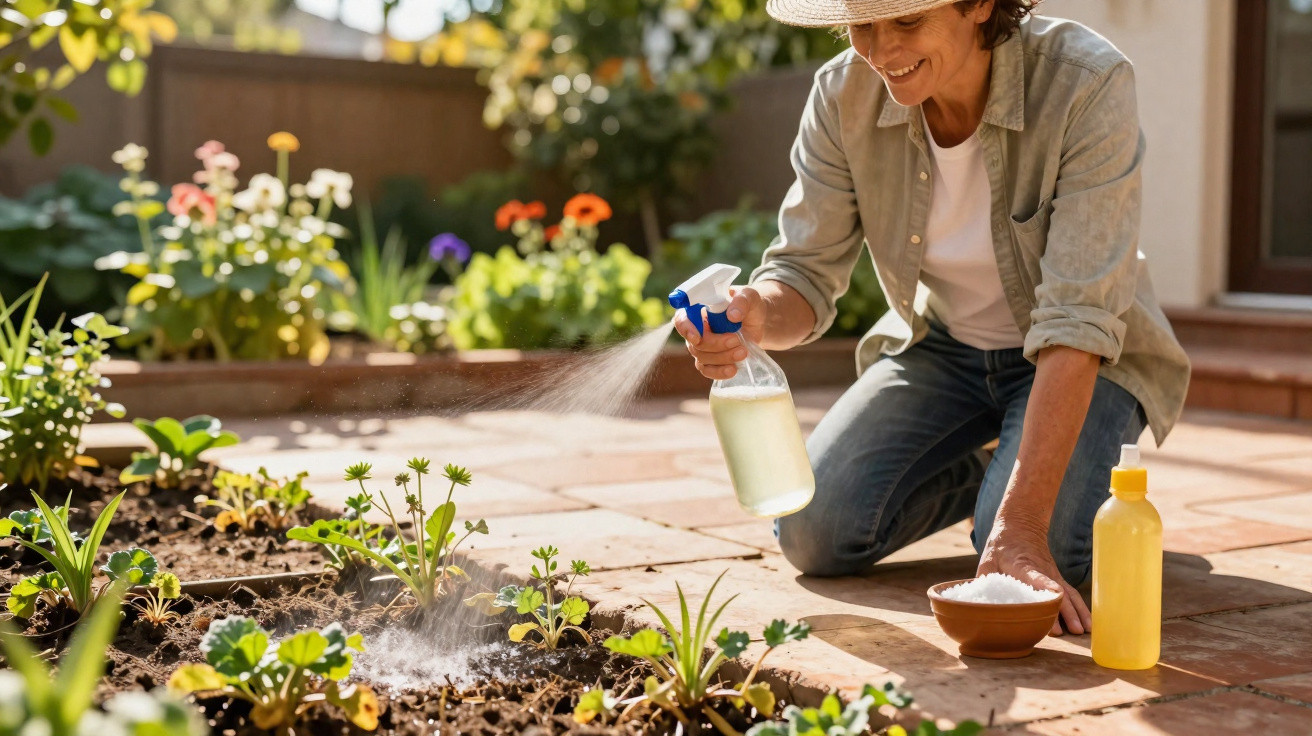 Person in a hat kneeling and spraying plants in a garden with gardening supplies nearby on a sunny day.
