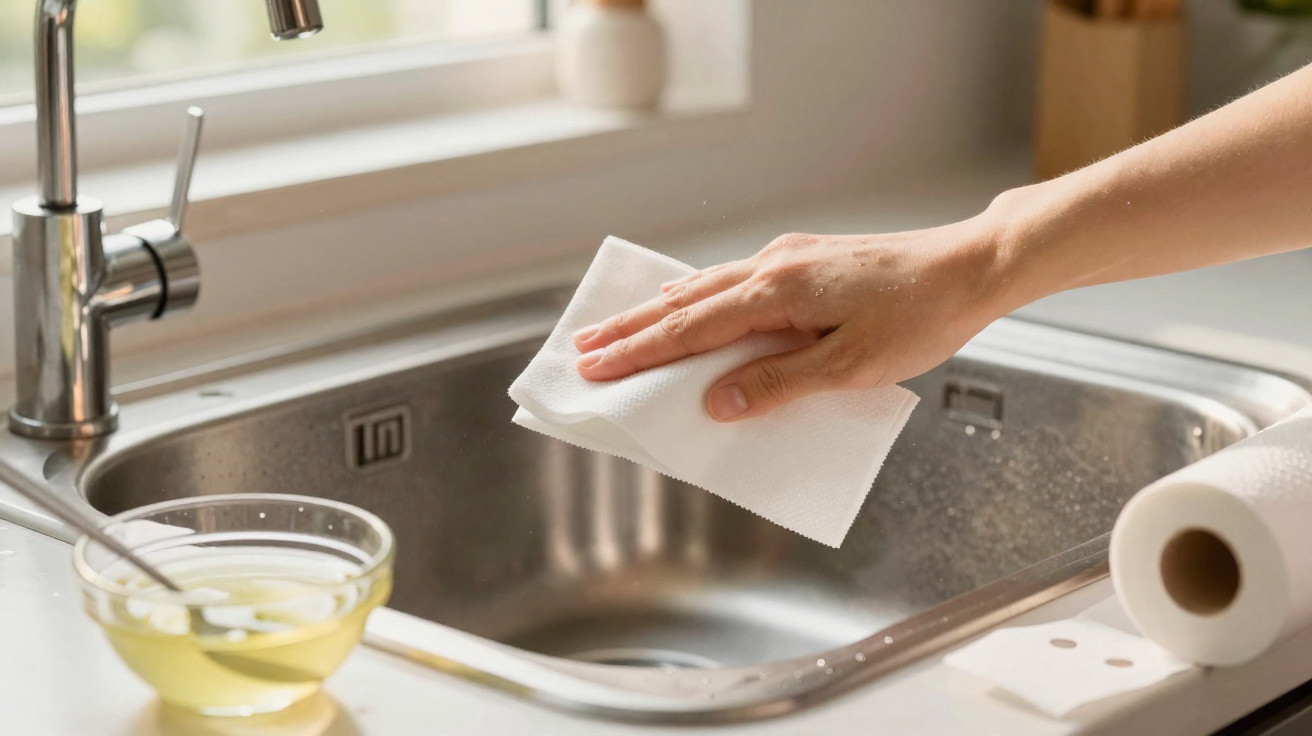 Hand wiping a stainless steel kitchen sink with a white paper towel next to a glass bowl and roll of paper towels.