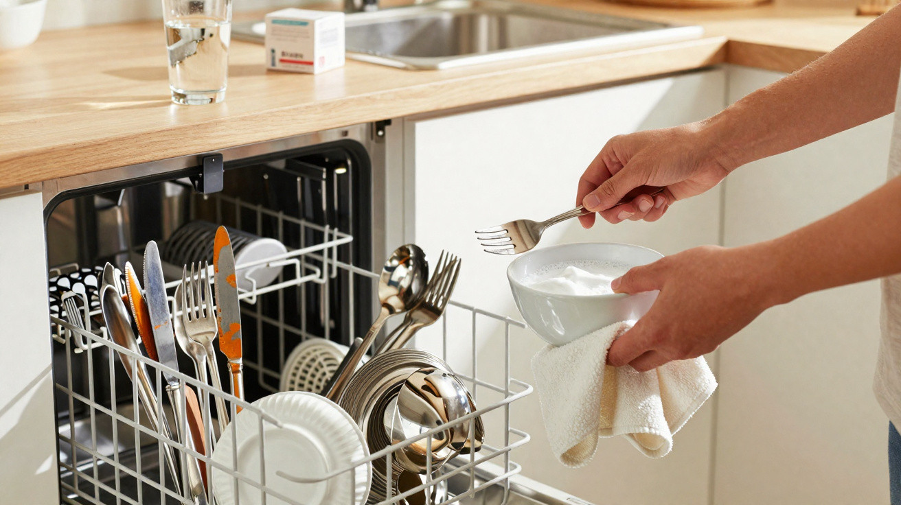 Hands holding a bowl and fork with cleaning foam near an open dishwasher filled with utensils and plates.