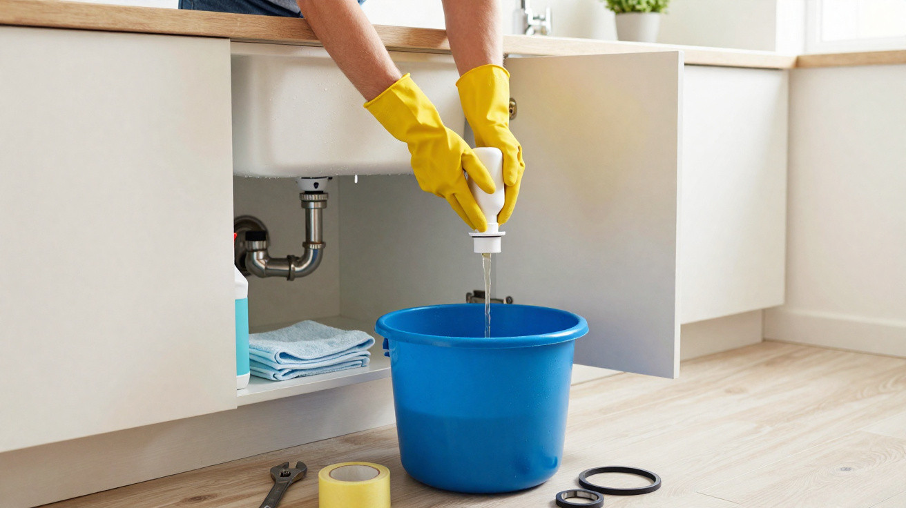 Person with yellow gloves pouring liquid from a bottle into a blue bucket under a kitchen sink cabinet.