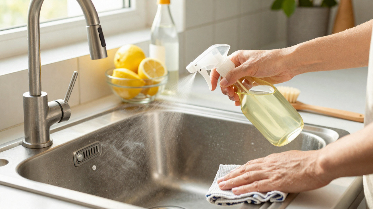 Person spraying cleaner on a stainless steel kitchen sink with a cloth in hand and lemons in the background.