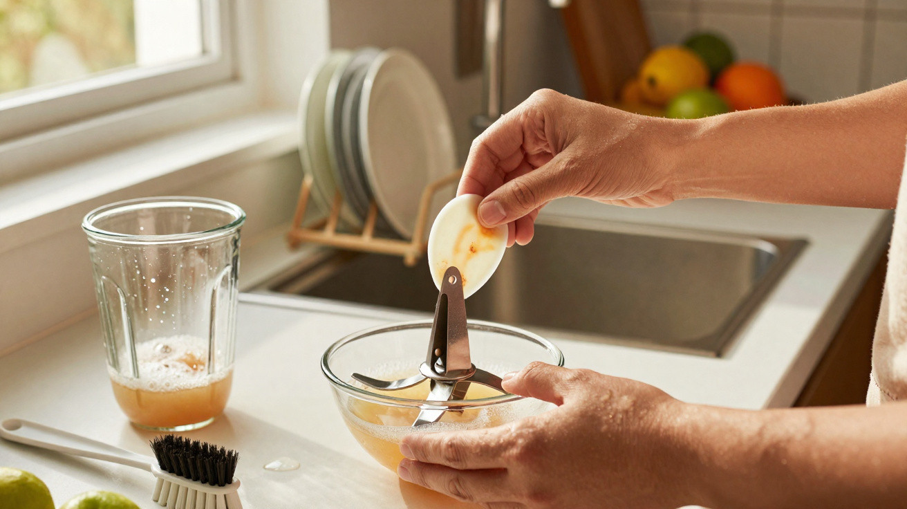 Person cleaning a food processor blade in a glass bowl on a kitchen counter next to a glass and dish brush.