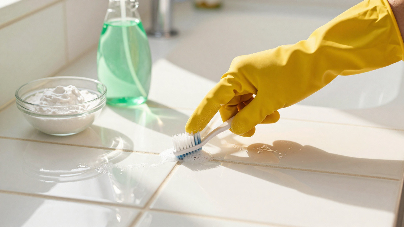 Hand in yellow glove scrubbing white tile grout with a toothbrush, with cleaning supplies nearby.