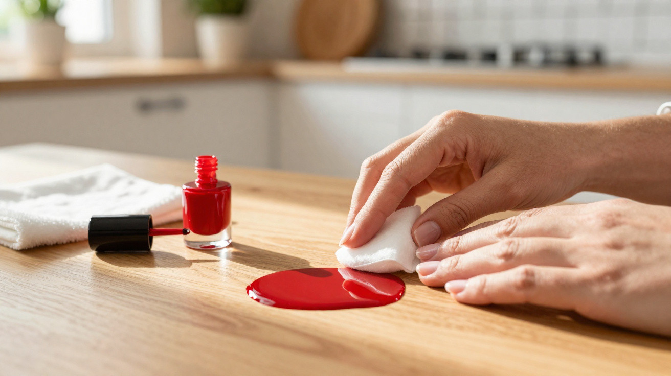 Person wiping an accidental red nail polish spill on a wooden kitchen table with a white cloth.
