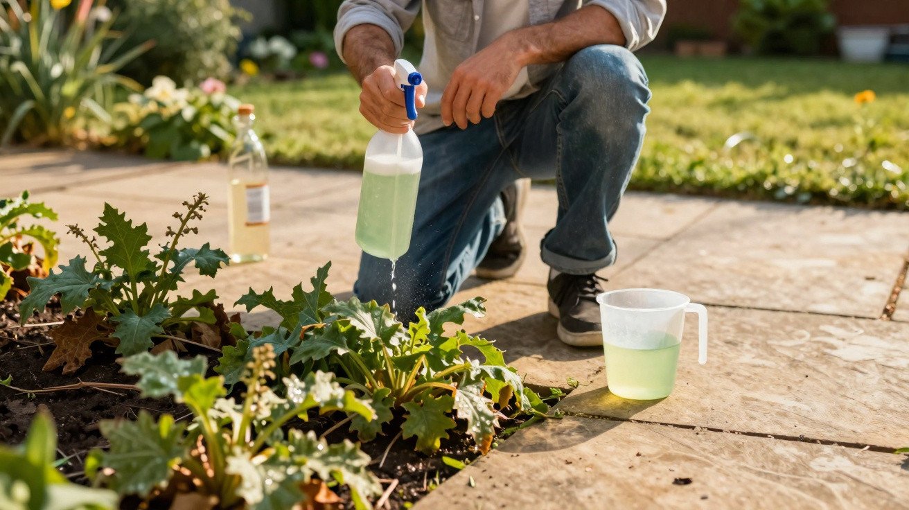 Person spraying green liquid from a bottle onto garden plants on a sunny patio.