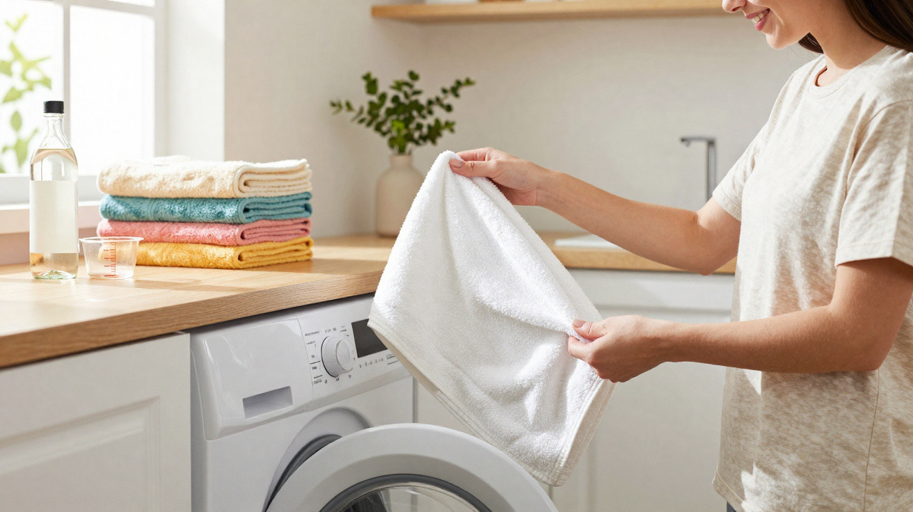 Woman taking a clean white towel from a front-loading washing machine in a bright modern kitchen.