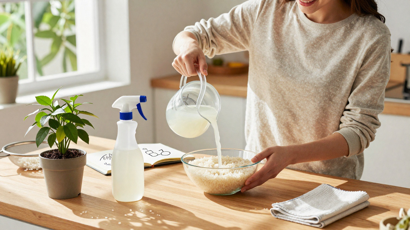 Woman pouring liquid into a bowl of rice on a wooden kitchen counter with plant and spray bottle nearby