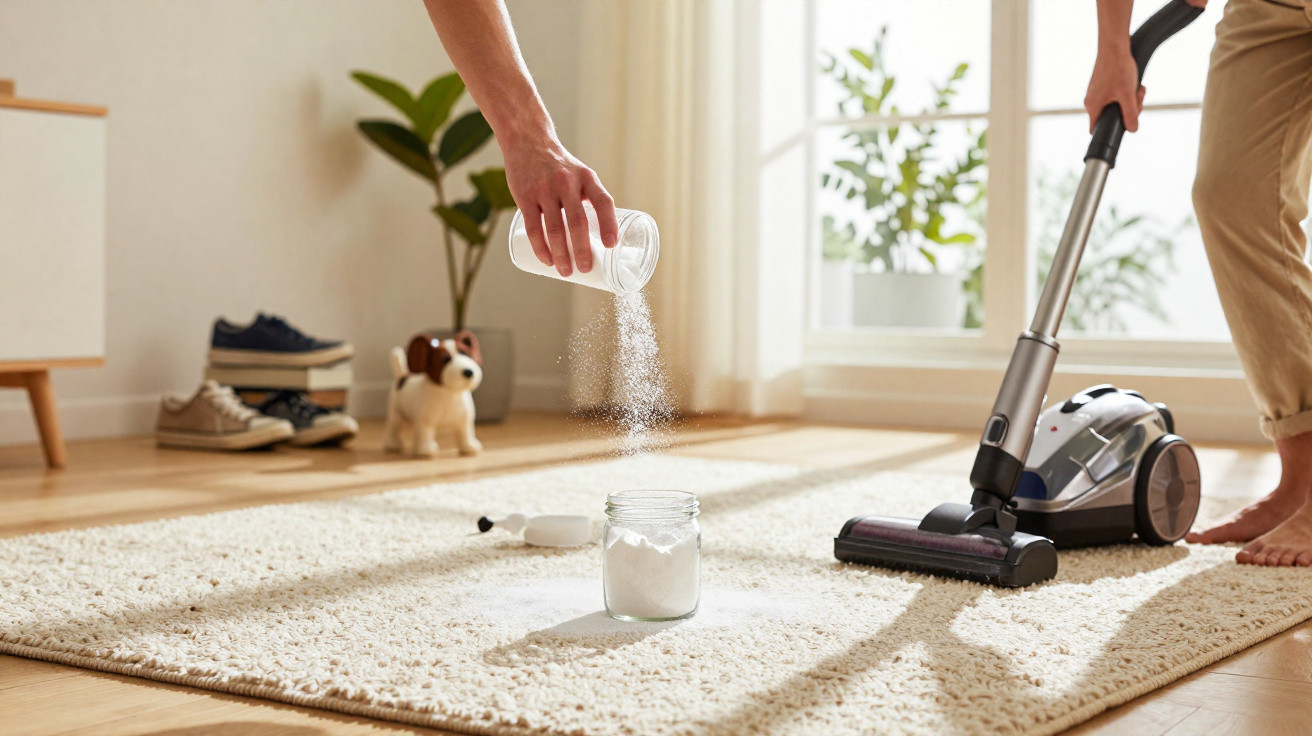 Person sprinkling powder on carpet while vacuuming in a bright room with plants and shoes nearby