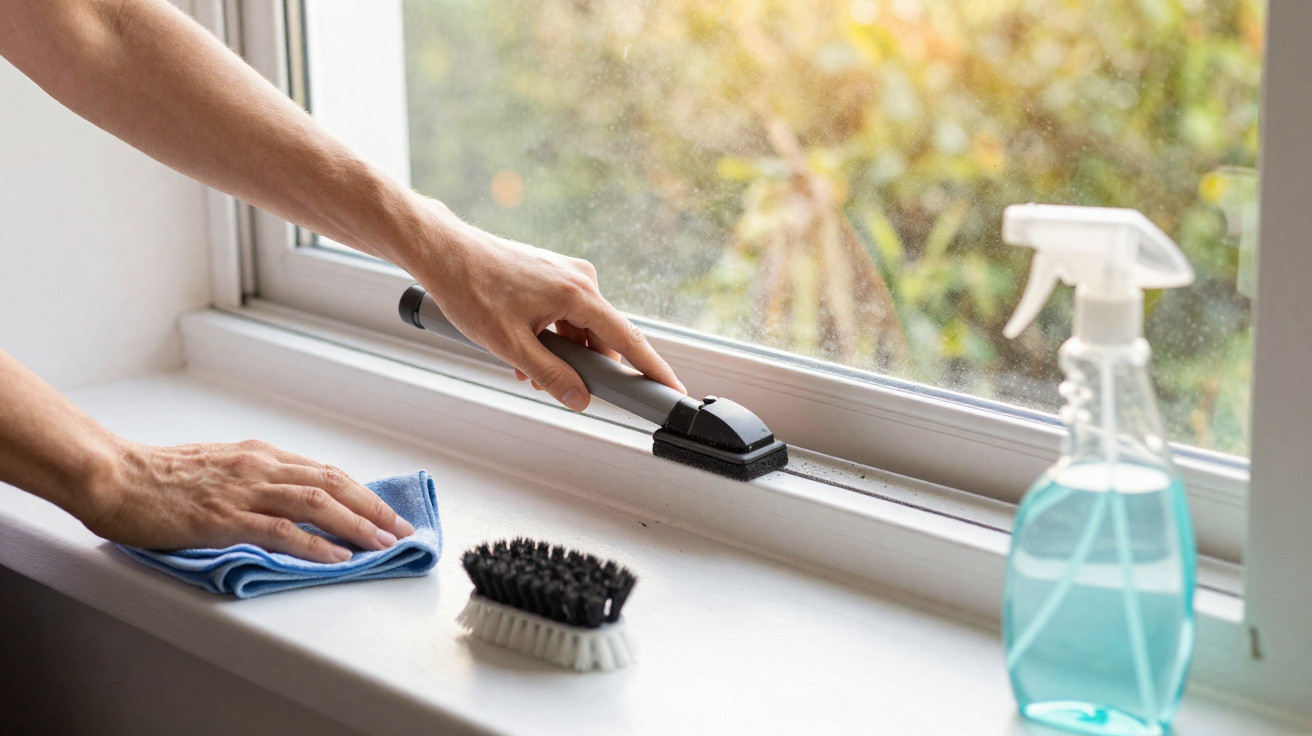 Person cleaning a window sill with a scrub brush and cloth beside a spray bottle of blue cleaner