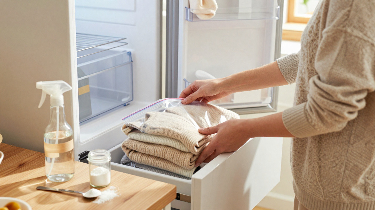 Person placing folded knitwear inside a plastic bag in an open freezer drawer with baking soda and spray bottle nearby.