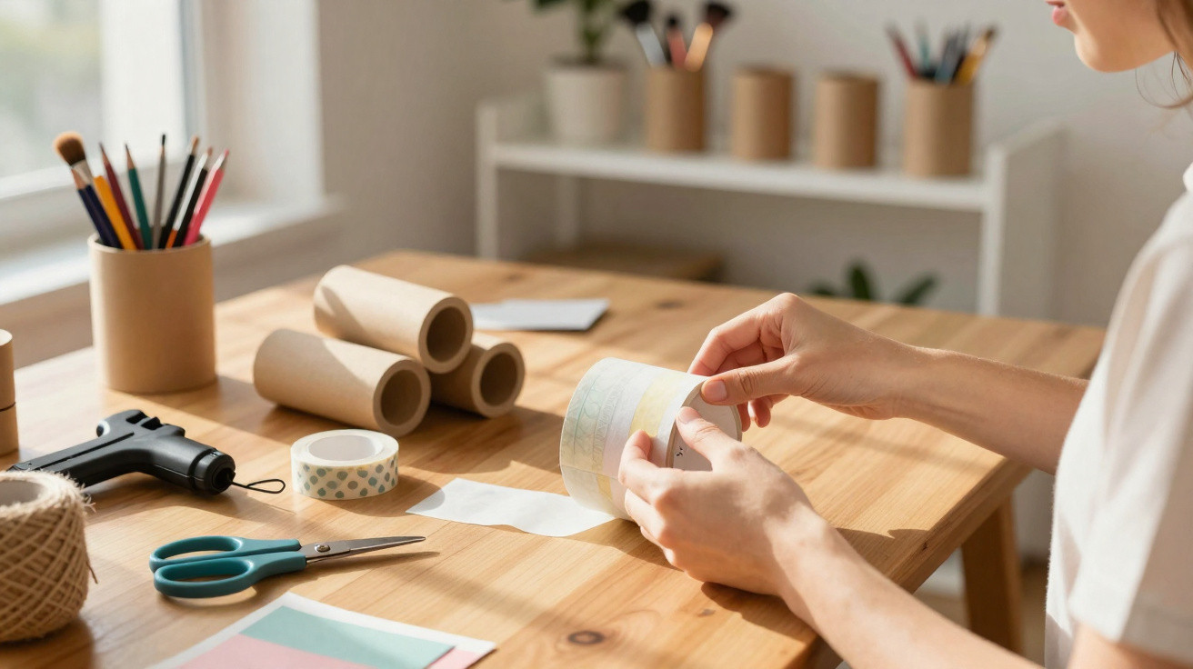 Person unrolling decorative tape on a wooden table with craft supplies and cardboard tubes nearby.