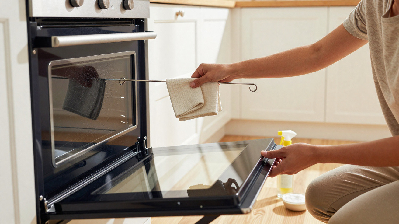 Person cleaning the inside of a kitchen oven with a cloth on a long stick and the oven door open.