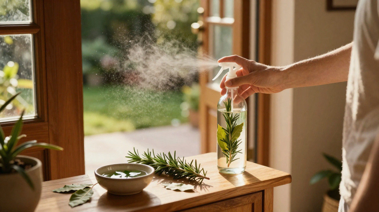 Hand spraying a natural room spray with herbs in a clear bottle on a wooden table near an open door.