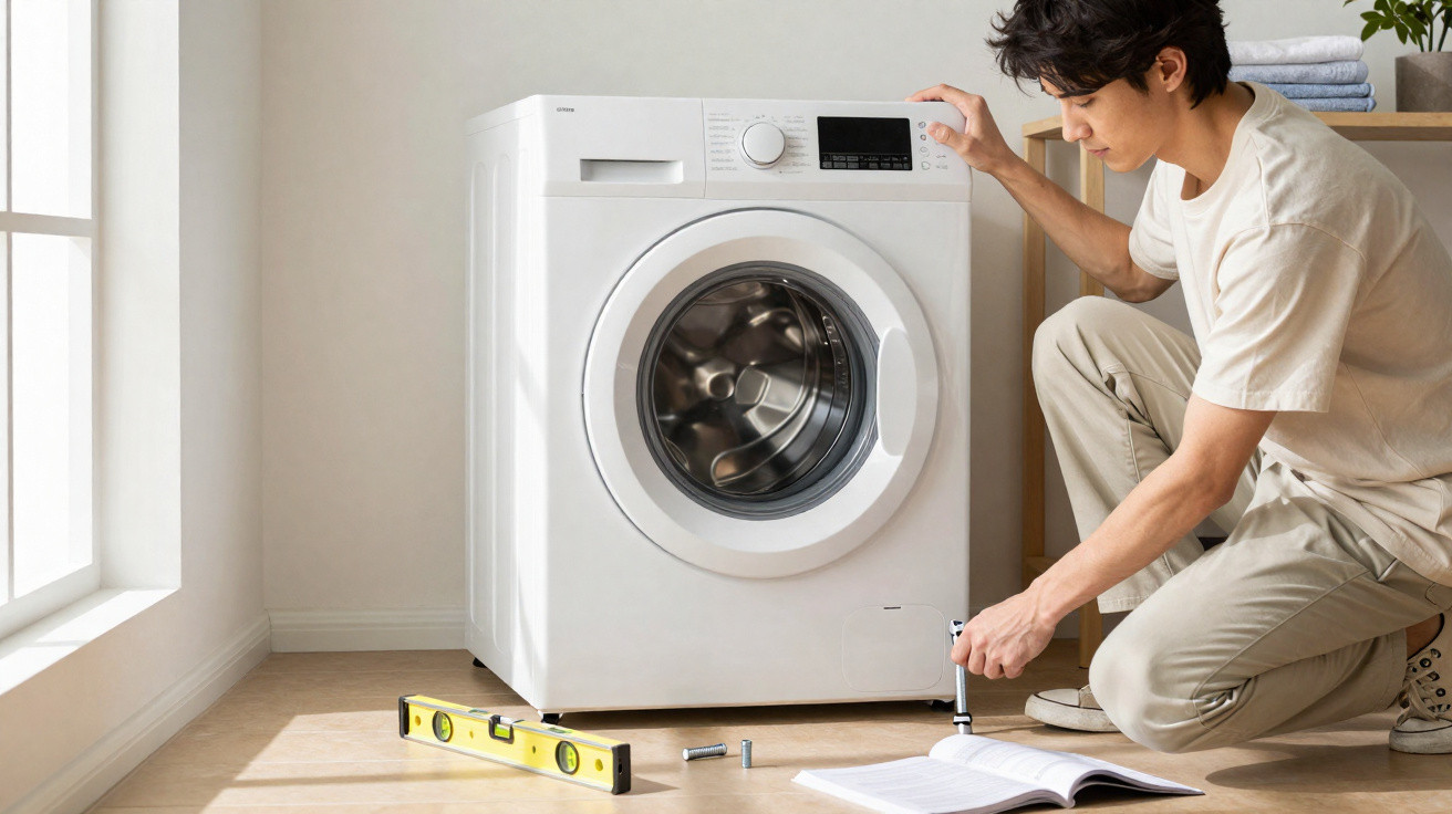 Man assembling a white front-loading washing machine on a wooden floor beside a window with tools and instructions.