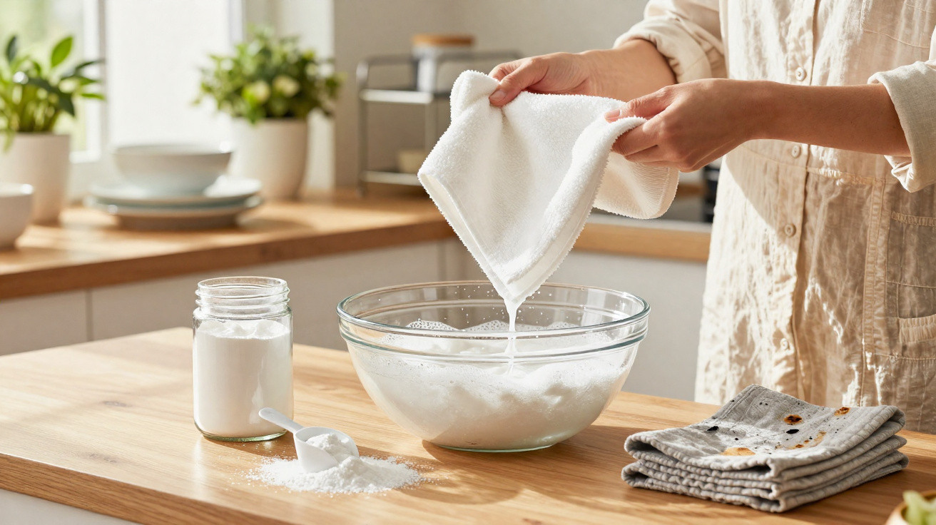 Person squeezing water from a white cloth into a glass bowl on a kitchen counter with cleaning powder nearby.