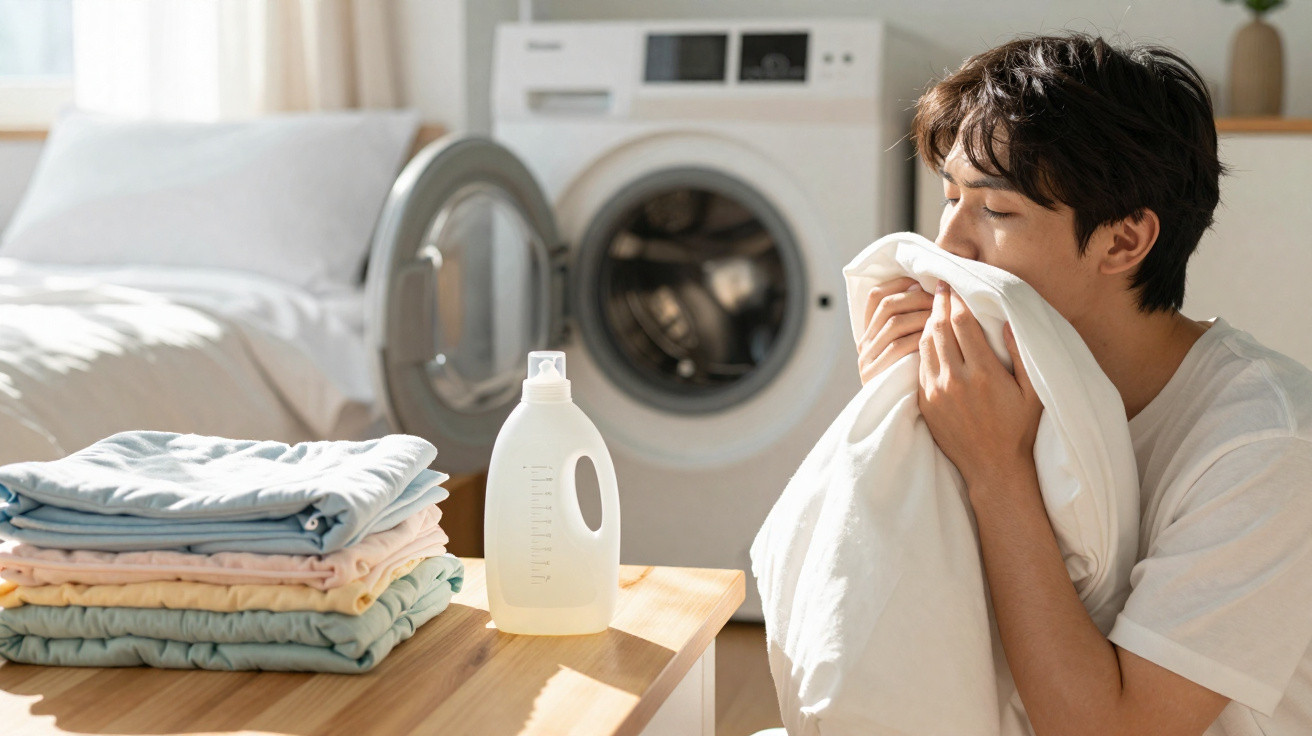 Man smelling fresh laundry near washing machine and detergent on table with folded clothes in bright room
