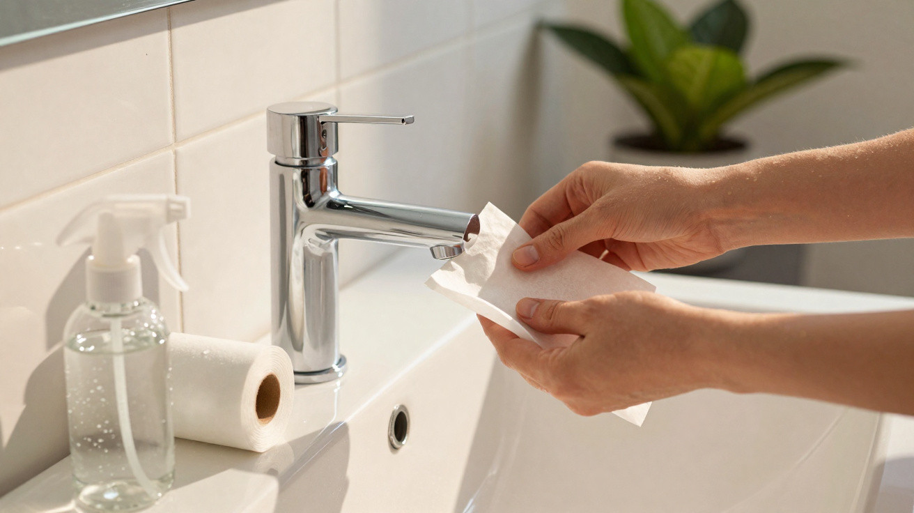 Hands drying under a modern chrome faucet with a white sink, spray bottle, and paper towel roll nearby.