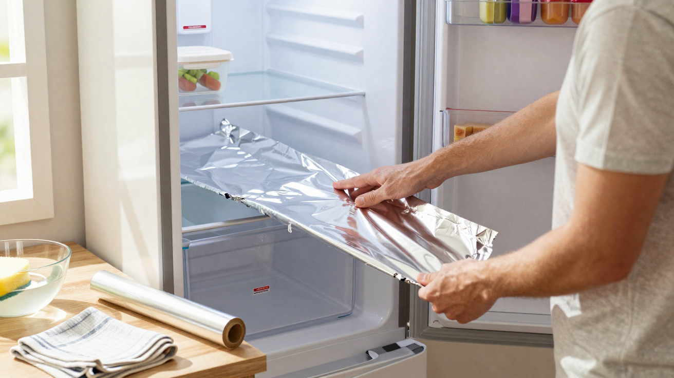 Person placing aluminium foil on a shelf inside an open refrigerator in a kitchen.