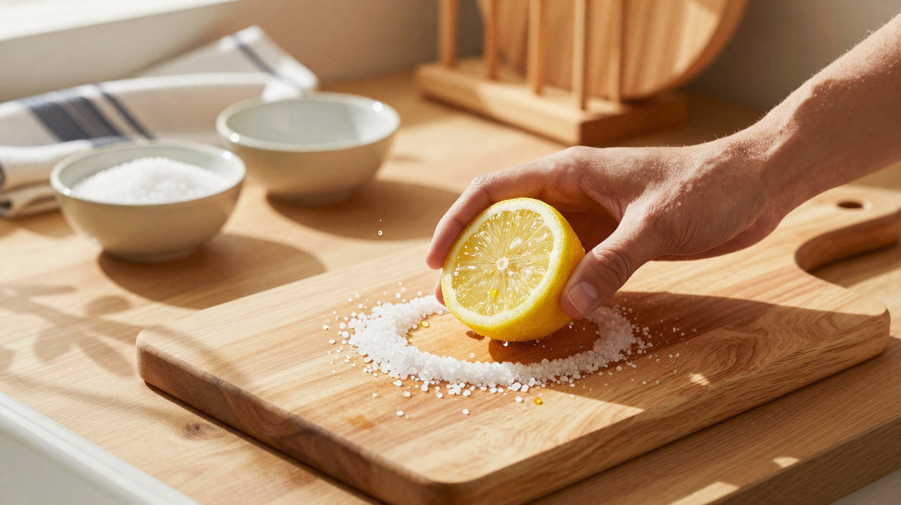 Hand holding half a lemon squeezing juice over coarse salt on a wooden chopping board in sunlight.