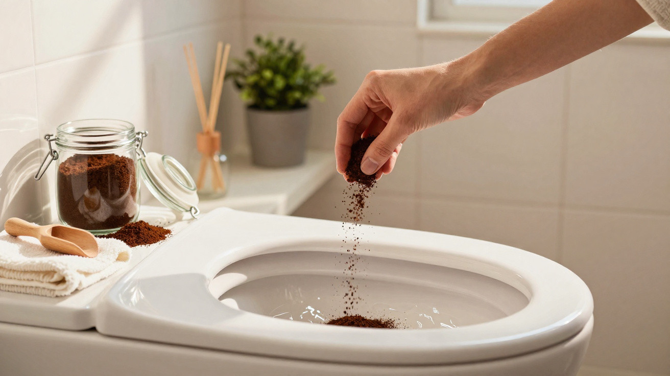Hand sprinkling coffee grounds into a white toilet bowl in a bright, clean bathroom setting.