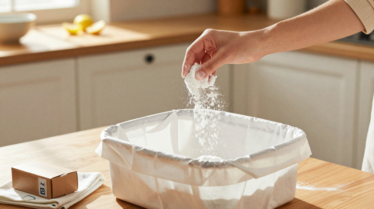 Hand sprinkling flour into a lined container on a kitchen countertop with natural light.