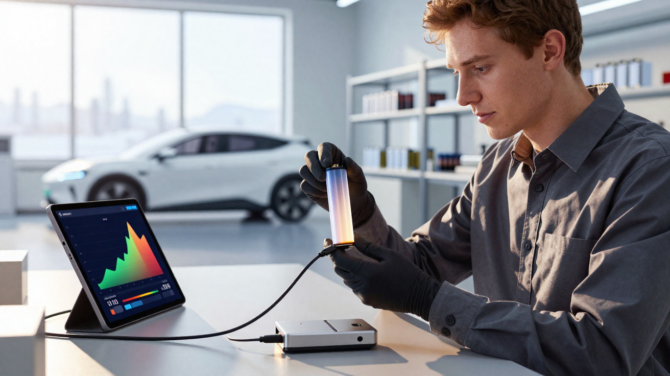 Technician in gloves analysing battery cell with device and tablet showing battery performance graph in lab.