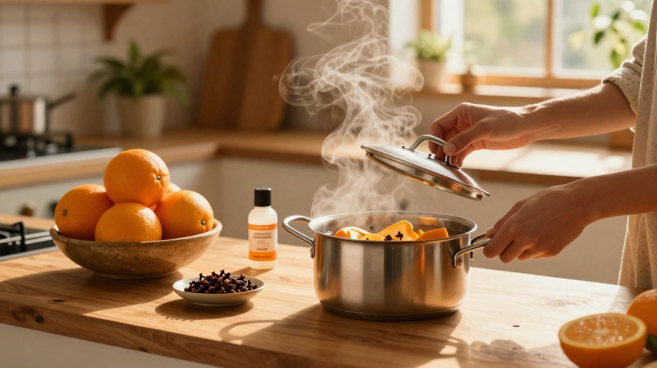 Steaming pot with simmering oranges and cloves on kitchen counter with bowl of oranges nearby.