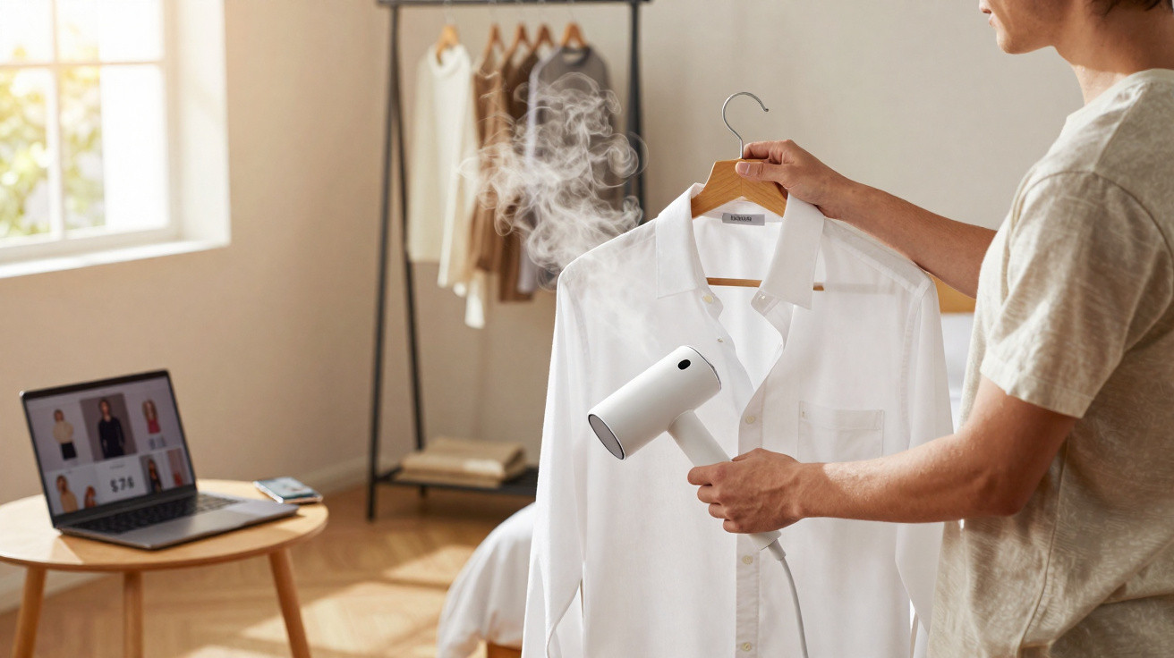 Person steaming a white shirt on a hanger in a sunlit room with clothes on a rack and a laptop on a table.