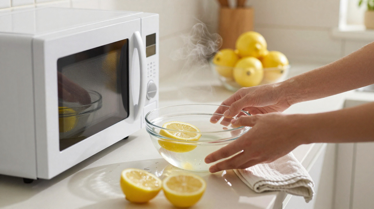 Hands holding a steaming glass bowl with lemon halves beside a microwave on a kitchen countertop.
