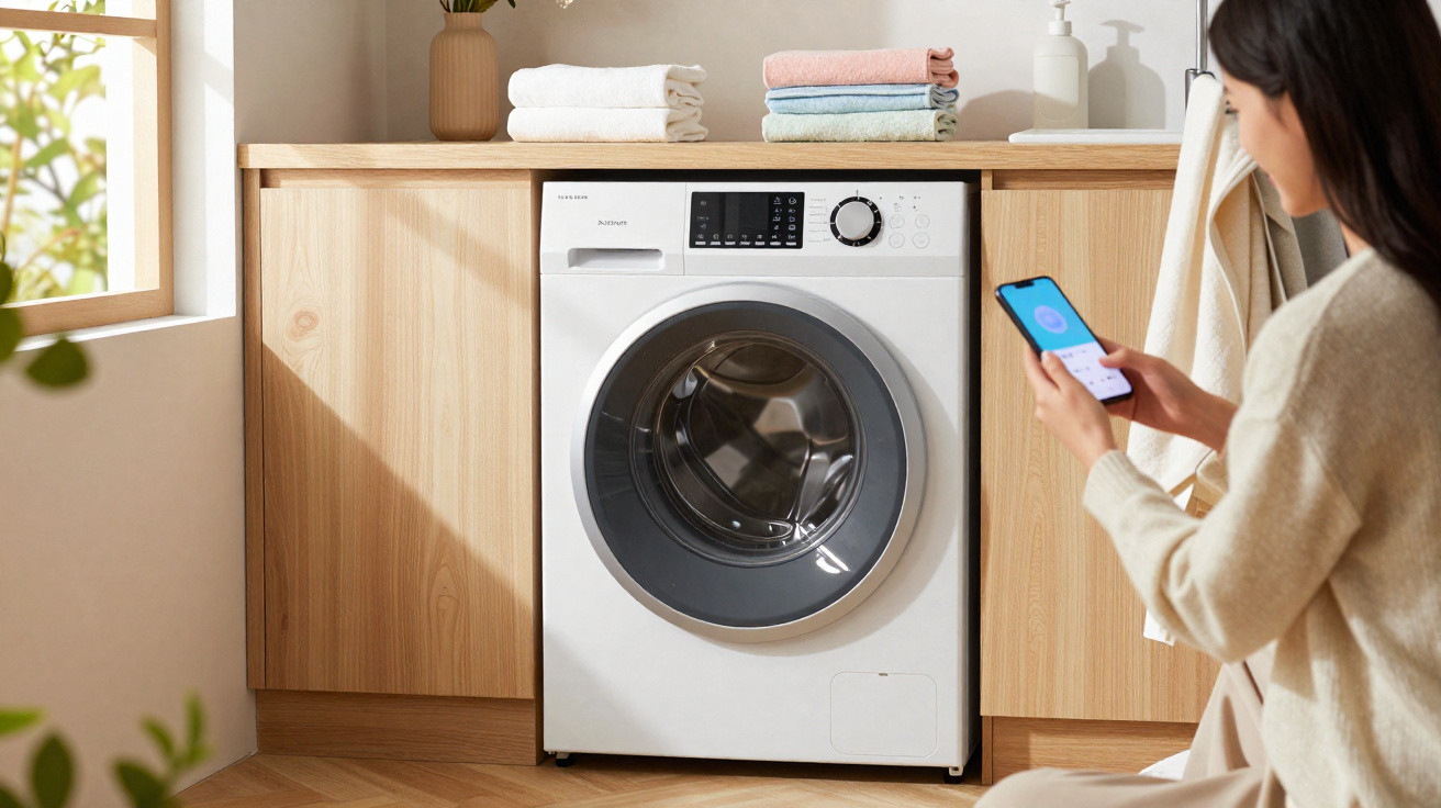 Woman using smartphone to control smart washing machine in bright laundry room with wooden cabinets and folded towels.