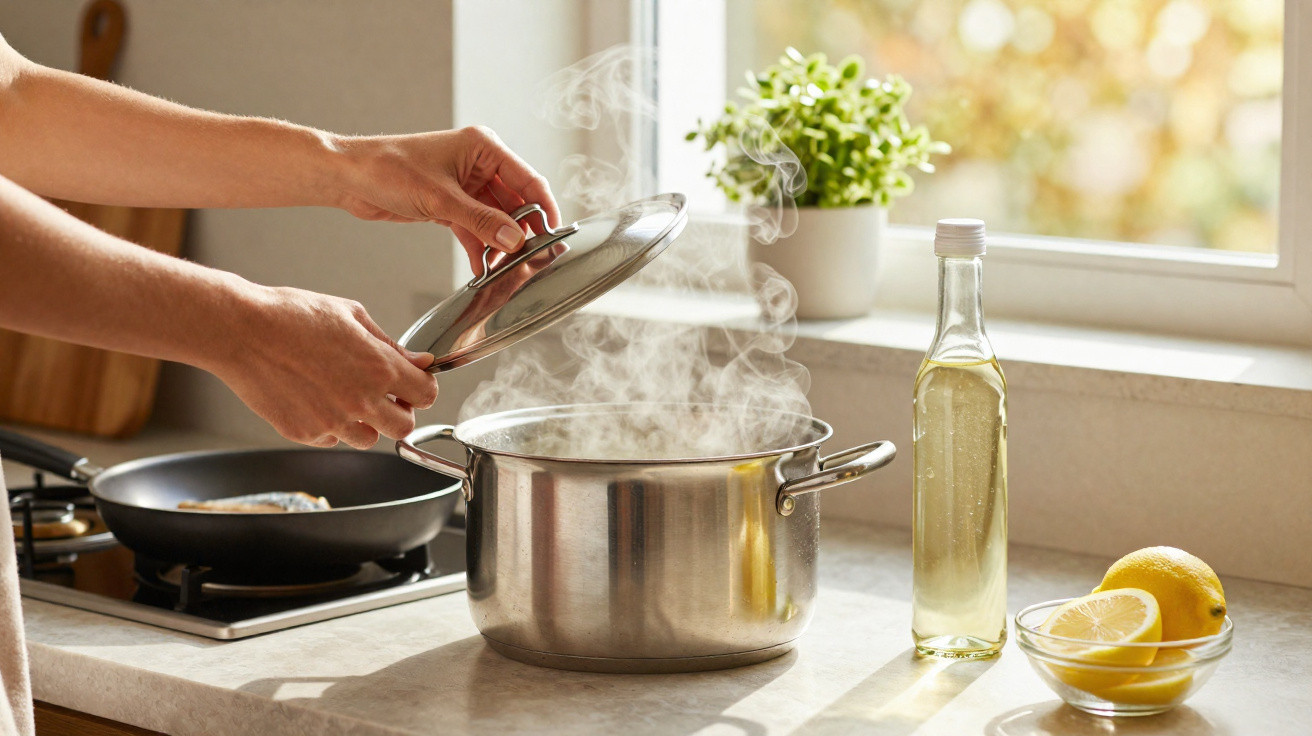 Hands lifting lid off a steaming stainless steel pot on a kitchen counter by a window with oil and lemons nearby