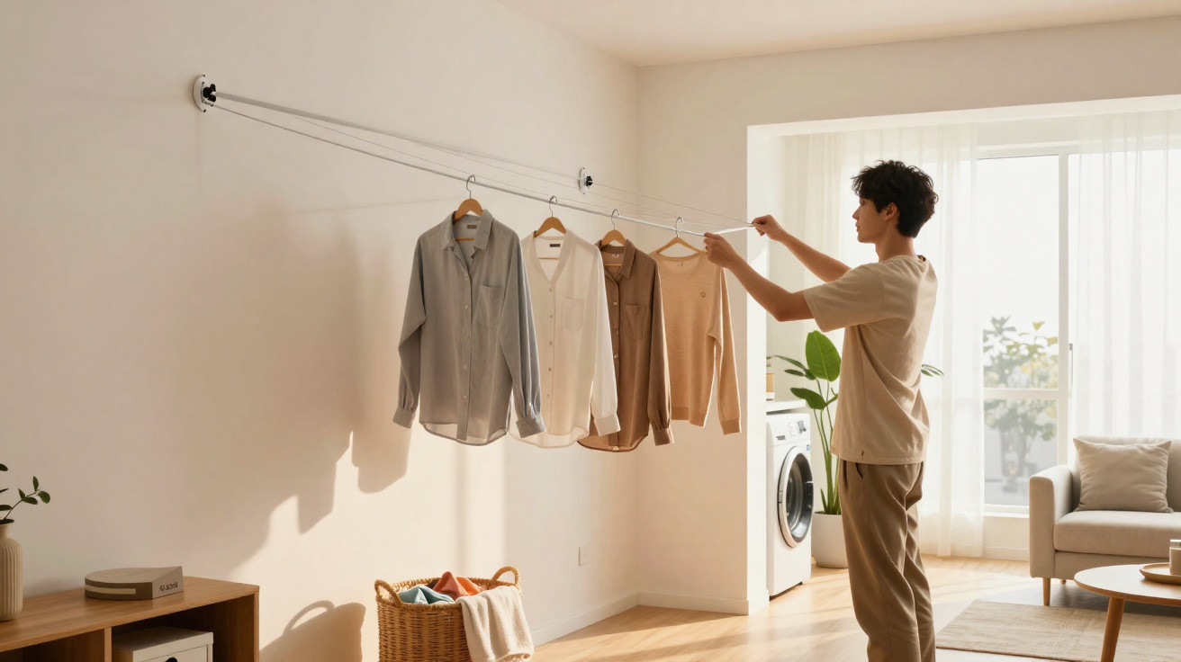 Person hanging shirts on an indoor retractable clothes drying rack in a sunlit living room.