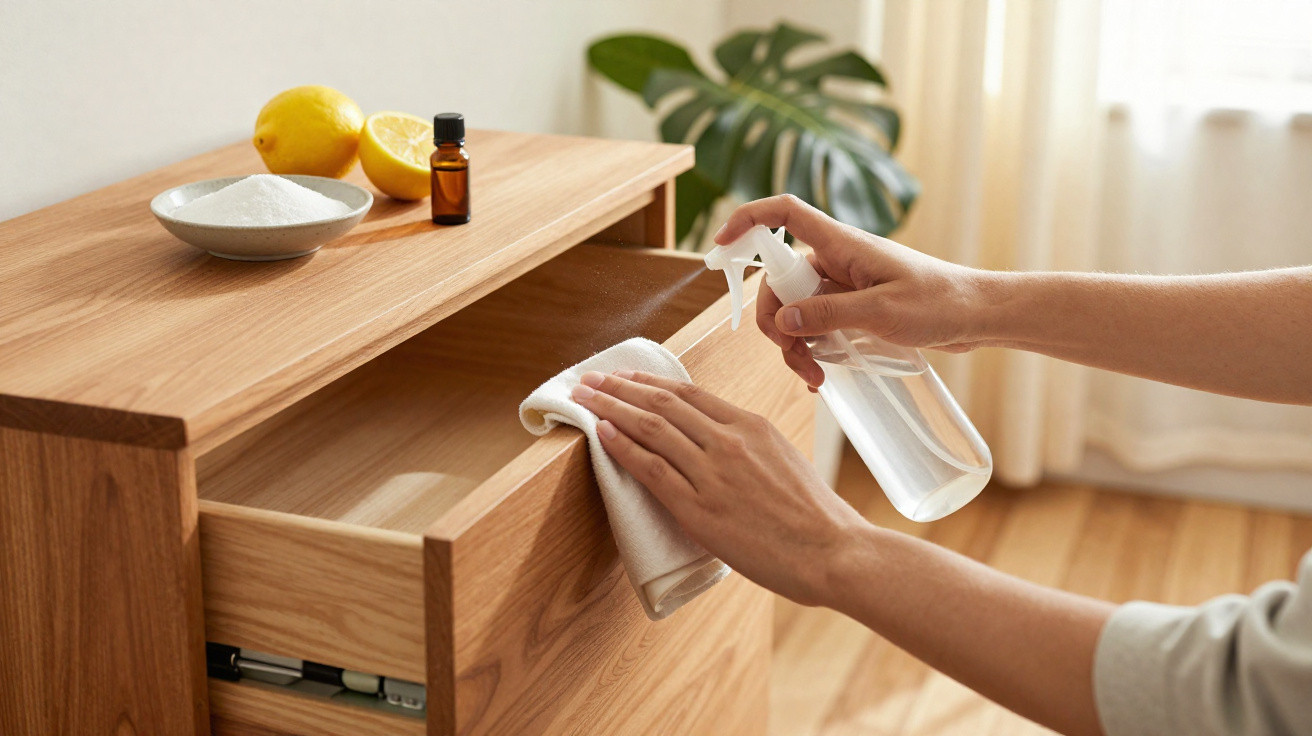 Hands spraying and wiping a wooden drawer with a cloth, lemons, salt, and essential oil on top.