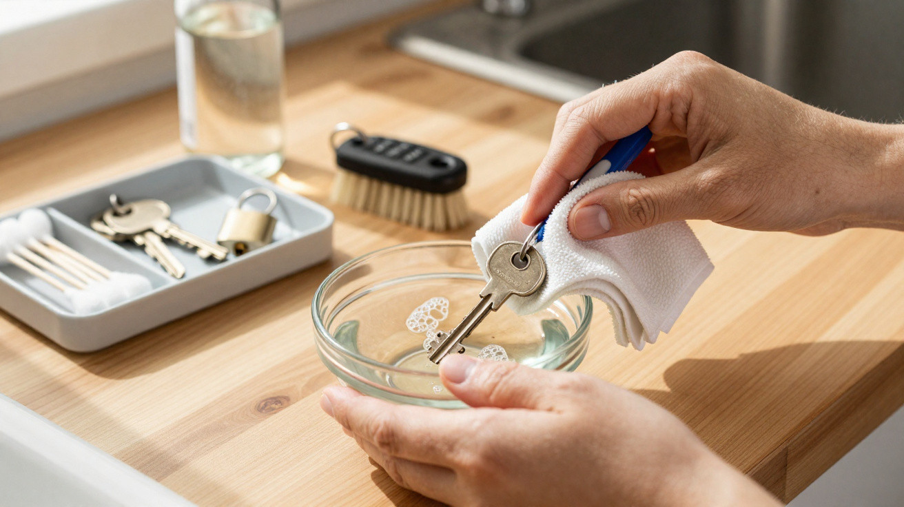 Hands cleaning a key with a cloth over a bowl of soapy water on a wooden countertop.