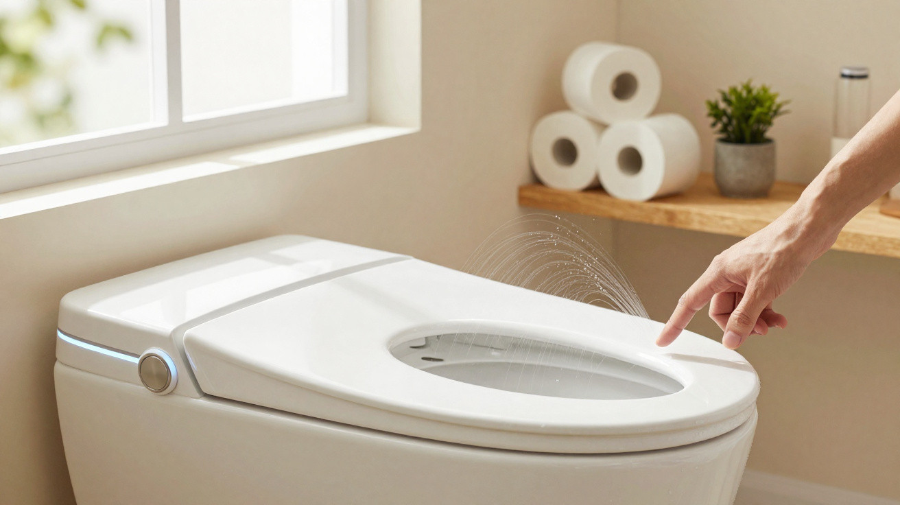 Hand pressing a button on a smart toilet seat with water spray for cleaning function in a bathroom.