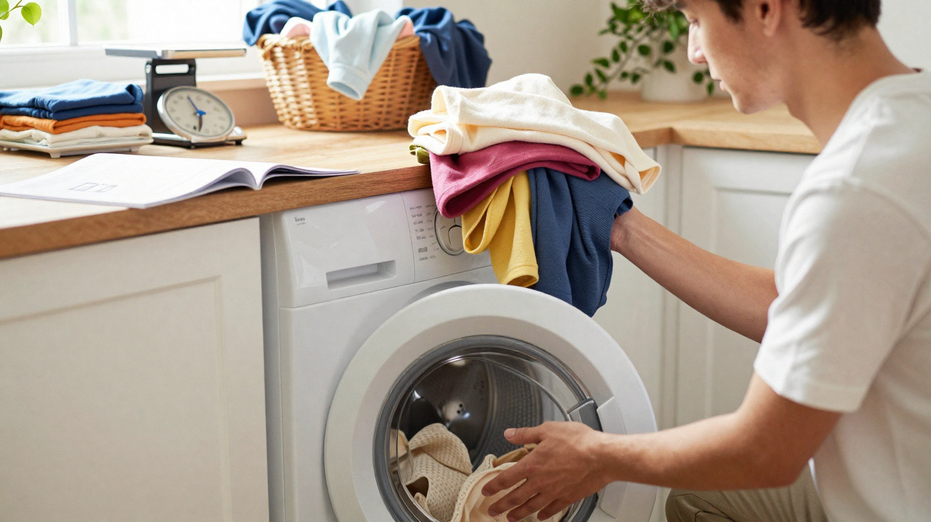 Person loading colourful clothes into a front-loading washing machine in a bright laundry room.