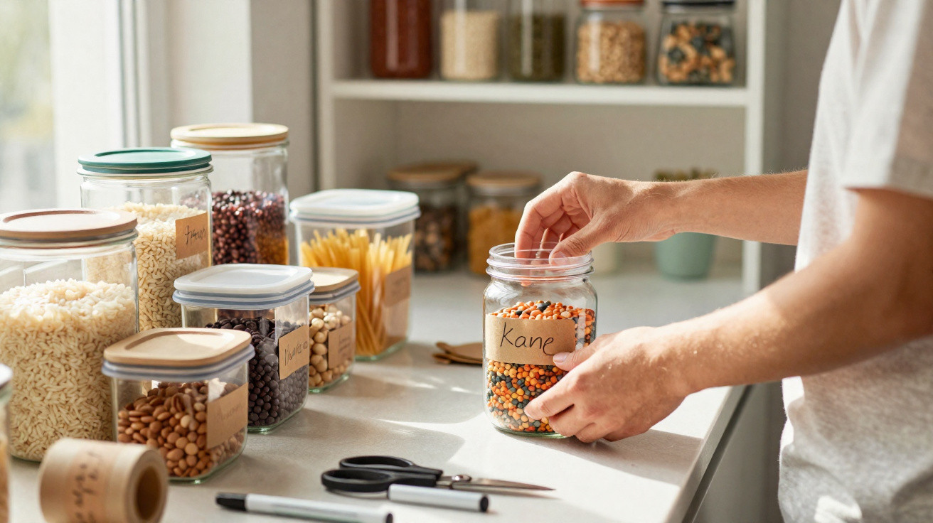 Person organising labelled glass jars with various dried foods on a kitchen counter near a window.